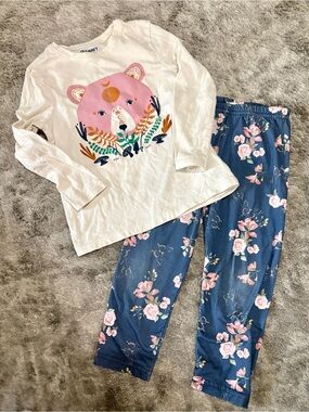 Girls Floral Bear Pajama Set - Cream Top & Blue Pants